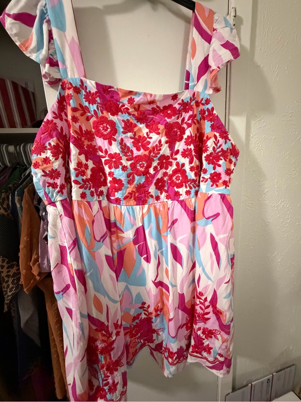 Emily Wonder size 3X Pink and Red Floral Midi Dress with Wide Straps